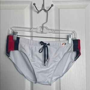 ADDICTED -  White Speedo with Red and Blue Stripes